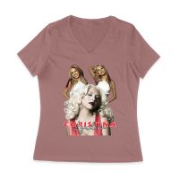 Sassy Christina Aguilera T-Shirt with Red Dress and Confident Expression Women Jersey V-Neck