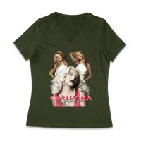 Sassy Christina Aguilera T-Shirt with Red Dress and Confident Expression Women Jersey V-Neck