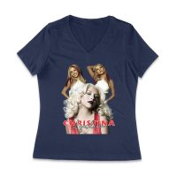Sassy Christina Aguilera T-Shirt with Red Dress and Confident Expression Women Jersey V-Neck