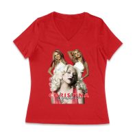 Sassy Christina Aguilera T-Shirt with Red Dress and Confident Expression Women Jersey V-Neck
