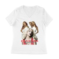 Sassy Christina Aguilera T-Shirt with Red Dress and Confident Expression Women Jersey V-Neck