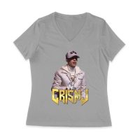 Cris-MJ in White Jacket with Bold Gold Logo Women Jersey V-Neck