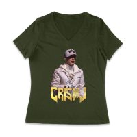 Cris-MJ in White Jacket with Bold Gold Logo Women Jersey V-Neck