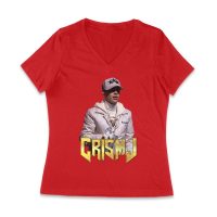 Cris-MJ in White Jacket with Bold Gold Logo Women Jersey V-Neck