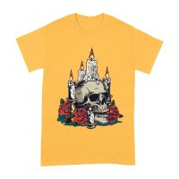 Dia de Muertos Sugar Skull T-Shirt ? Elegant Candles and Red Roses Day of the Dead Design Unisex Adult