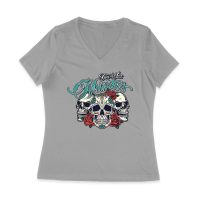 Dia de Los Muertos T-Shirt ? Three Sugar Skulls with Red Roses Day of the Dead Design Women Jersey V-Neck