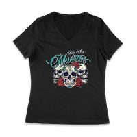 Dia de Los Muertos T-Shirt ? Three Sugar Skulls with Red Roses Day of the Dead Design Women Jersey V-Neck – Viva Party