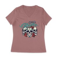 Dia de Los Muertos T-Shirt ? Three Sugar Skulls with Red Roses Day of the Dead Design Women Jersey V-Neck