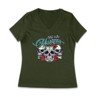 Dia de Los Muertos T-Shirt ? Three Sugar Skulls with Red Roses Day of the Dead Design Women Jersey V-Neck