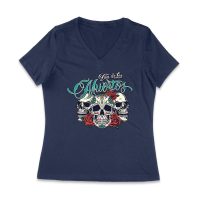 Dia de Los Muertos T-Shirt ? Three Sugar Skulls with Red Roses Day of the Dead Design Women Jersey V-Neck