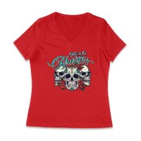 Dia de Los Muertos T-Shirt ? Three Sugar Skulls with Red Roses Day of the Dead Design Women Jersey V-Neck