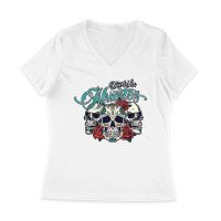 Dia de Los Muertos T-Shirt ? Three Sugar Skulls with Red Roses Day of the Dead Design Women Jersey V-Neck