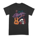 Dia de Los Muertos T-Shirt ? Sugar Skull with Mexican Hat, Red Roses, and Guitar Day of the Dead Design Unisex Adult – Viva Party
