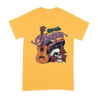 Dia de Los Muertos T-Shirt ? Sugar Skull with Mexican Hat, Red Roses, and Guitar Day of the Dead Design Unisex Adult