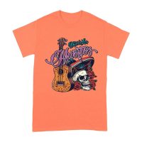 Dia de Los Muertos T-Shirt ? Sugar Skull with Mexican Hat, Red Roses, and Guitar Day of the Dead Design Unisex Adult