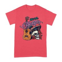 Dia de Los Muertos T-Shirt ? Sugar Skull with Mexican Hat, Red Roses, and Guitar Day of the Dead Design Unisex Adult
