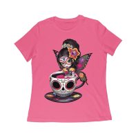 Vibrant Dia de Muertos Fairy T-Shirt with Sugar Skull Art in a Teacup, Perfect for Day of the Dead Celebration Women Relaxed