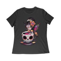 Vibrant Dia de Muertos Fairy T-Shirt with Sugar Skull Art in a Teacup, Perfect for Day of the Dead Celebration Women Relaxed – Viva Party