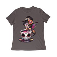 Vibrant Dia de Muertos Fairy T-Shirt with Sugar Skull Art in a Teacup, Perfect for Day of the Dead Celebration Women Relaxed