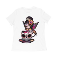 Vibrant Dia de Muertos Fairy T-Shirt with Sugar Skull Art in a Teacup, Perfect for Day of the Dead Celebration Women Relaxed