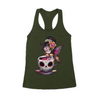 Vibrant Dia de Muertos Fairy T-Shirt with Sugar Skull Art in a Teacup, Perfect for Day of the Dead Celebration Women's Racerback Tank Top