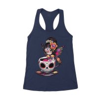 Vibrant Dia de Muertos Fairy T-Shirt with Sugar Skull Art in a Teacup, Perfect for Day of the Dead Celebration Women's Racerback Tank Top