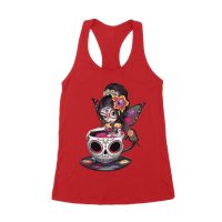 Vibrant Dia de Muertos Fairy T-Shirt with Sugar Skull Art in a Teacup, Perfect for Day of the Dead Celebration Women's Racerback Tank Top