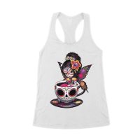 Vibrant Dia de Muertos Fairy T-Shirt with Sugar Skull Art in a Teacup, Perfect for Day of the Dead Celebration Women's Racerback Tank Top