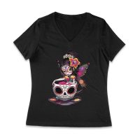 Vibrant Dia de Muertos Fairy T-Shirt with Sugar Skull Art in a Teacup, Perfect for Day of the Dead Celebration Women Jersey V-Neck – Viva Party