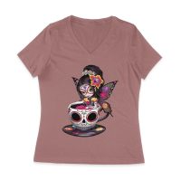 Vibrant Dia de Muertos Fairy T-Shirt with Sugar Skull Art in a Teacup, Perfect for Day of the Dead Celebration Women Jersey V-Neck