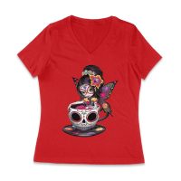Vibrant Dia de Muertos Fairy T-Shirt with Sugar Skull Art in a Teacup, Perfect for Day of the Dead Celebration Women Jersey V-Neck
