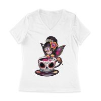Vibrant Dia de Muertos Fairy T-Shirt with Sugar Skull Art in a Teacup, Perfect for Day of the Dead Celebration Women Jersey V-Neck