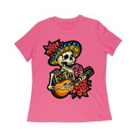 Dia de Muertos Skeleton T-Shirt with Guitar and Red Roses, Perfect for Day of the Dead Celebration Women Relaxed