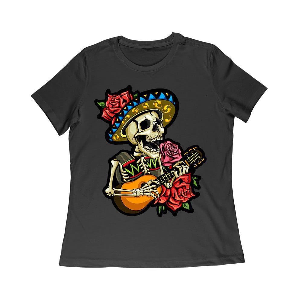 Ddmt-08_Wr-Black.jpg Dia De Muertos Skeleton T-Shirt With Guitar And Red Roses, Perfect For Day Of The Dead Celebration Women Relaxed – Viva Party
