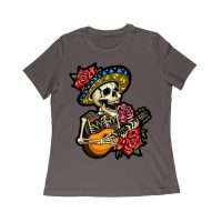 Dia de Muertos Skeleton T-Shirt with Guitar and Red Roses, Perfect for Day of the Dead Celebration Women Relaxed