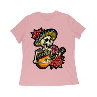 Dia de Muertos Skeleton T-Shirt with Guitar and Red Roses, Perfect for Day of the Dead Celebration Women Relaxed