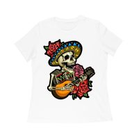 Dia de Muertos Skeleton T-Shirt with Guitar and Red Roses, Perfect for Day of the Dead Celebration Women Relaxed