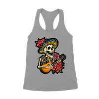 Dia de Muertos Skeleton T-Shirt with Guitar and Red Roses, Perfect for Day of the Dead Celebration Women's Racerback Tank Top