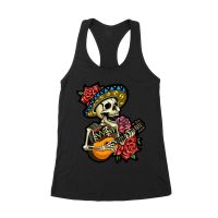 Dia de Muertos Skeleton T-Shirt with Guitar and Red Roses, Perfect for Day of the Dead Celebration Women's Racerback Tank Top – Viva Party