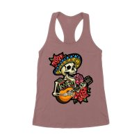 Dia de Muertos Skeleton T-Shirt with Guitar and Red Roses, Perfect for Day of the Dead Celebration Women's Racerback Tank Top