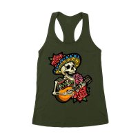 Dia de Muertos Skeleton T-Shirt with Guitar and Red Roses, Perfect for Day of the Dead Celebration Women's Racerback Tank Top