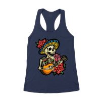 Dia de Muertos Skeleton T-Shirt with Guitar and Red Roses, Perfect for Day of the Dead Celebration Women's Racerback Tank Top