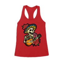 Dia de Muertos Skeleton T-Shirt with Guitar and Red Roses, Perfect for Day of the Dead Celebration Women's Racerback Tank Top
