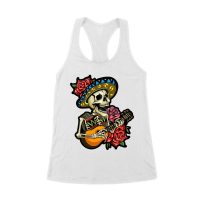 Dia de Muertos Skeleton T-Shirt with Guitar and Red Roses, Perfect for Day of the Dead Celebration Women's Racerback Tank Top