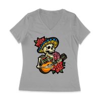 Dia de Muertos Skeleton T-Shirt with Guitar and Red Roses, Perfect for Day of the Dead Celebration Women Jersey V-Neck