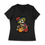 Dia de Muertos Skeleton T-Shirt with Guitar and Red Roses, Perfect for Day of the Dead Celebration Women Jersey V-Neck – Viva Party