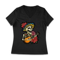 Dia de Muertos Skeleton T-Shirt with Guitar and Red Roses, Perfect for Day of the Dead Celebration Women Jersey V-Neck – Viva Party