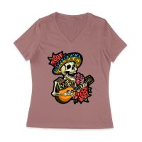 Dia de Muertos Skeleton T-Shirt with Guitar and Red Roses, Perfect for Day of the Dead Celebration Women Jersey V-Neck