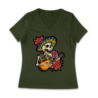 Dia de Muertos Skeleton T-Shirt with Guitar and Red Roses, Perfect for Day of the Dead Celebration Women Jersey V-Neck