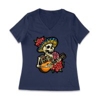 Dia de Muertos Skeleton T-Shirt with Guitar and Red Roses, Perfect for Day of the Dead Celebration Women Jersey V-Neck